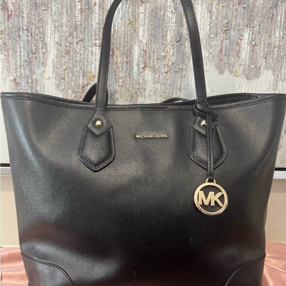 Michael Kors Black Leather Tote with Gold Hardware